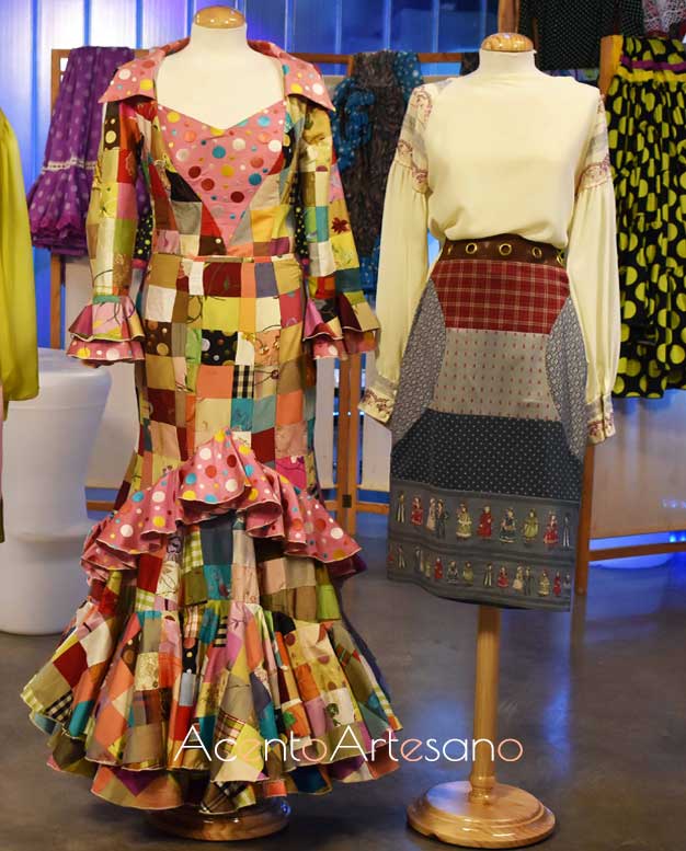 Traje de flamenca y falda de El Ajolí realizados con la técnica del patchwork flamenco, también llamada almazuelas, en Aguja Flamenca